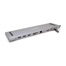 Хаб-конвертор VEGGIEG TC10 Type-C (тато) на Type-C (мама) + USB3.0 * 3 (мама) + HDMI (мама) + VGA (мама) + jack3.5 (мама) + SD / TF + RJ45, 10 см, Silver, Box