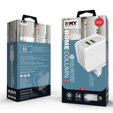 Набір 2 в 1 СЗУ With Iphone Cable 110-240V MY-A203, 2 x USB, 5V/12W, Output: 5V/2.4A, White, Blister-box
