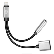 Перехідник 2 в 1 Y026 Lighting(M) =>Lighting(F) + Jack 3.5mm(F), 5см, Black/Silver, Box