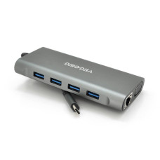 Хаб-конвертор VEGGIEG TC11-S Type-C (тато) на Type-C(мама) + USB3.0*3(мама) + HDMI(мама) + jack3.5(мама) + SD/TF + RJ45, 10 см, Silver, Box