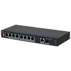 10-портовий некерований комутатор DH-PFS3110-8ET1GT1GF-96 з 8 портами POE 100Мбіт + 1 порт UP-Link 1000Мбіт + 1 порт SFP, корпус - метал, Black
