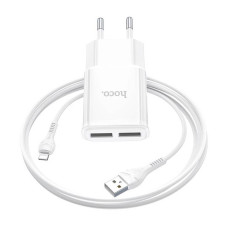 Набір СЗУ 110-240V HOCO C88A + кабель Lighting, 2xUSB, 2.4A, кабель 1м, White, Box