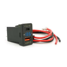 АЗУ FPUV-B, PD+QC3.0, Type-C: 30W, 5V-3A/9V-3A/12V-2.5A, USB: 18W, 5V-3.4A/9V-2A/12V-1.5A, 33x23mm, LED Blue, Black