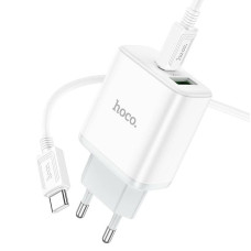Набір СЗУ 110-240V HOCO C105A + кабель Type-C, порти: USB-C+USB, PD20W+QC3.0, кабель 1м, White, Box