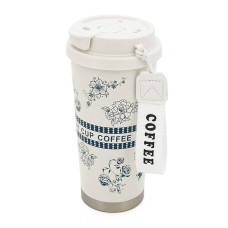 Термокухоль пластиковий Merlion Coffee, з трубочкою, об'єм 500мл., колба з нержавіючої сталі, біла з сірим