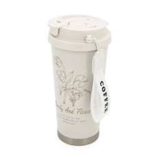 Термокухоль пластиковий Merlion Coffee, з трубочкою, об'єм 500мл., колба з нержавіючої сталі, біла