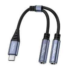 Перехідник VEGGIEG V-K204, 1/Type-C(Male) to=> 2/Jack 3.5mm(F)(навушники + мікрофон), Black/Silver, Box
