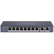 10-портовий некерований POE комутатор Hikvision DS-3E0310P-E/M(B), 8x(100Мбіт/с)PoE + 2x(1000Мбіт/с), 218×28×109 мм
