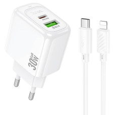 Набір СЗУ HOCO CS55A + Type-C/Lighting кабель, 1xUSB+1xUSB-C, PD30W+QC3.0, кабель 1м, White, Box